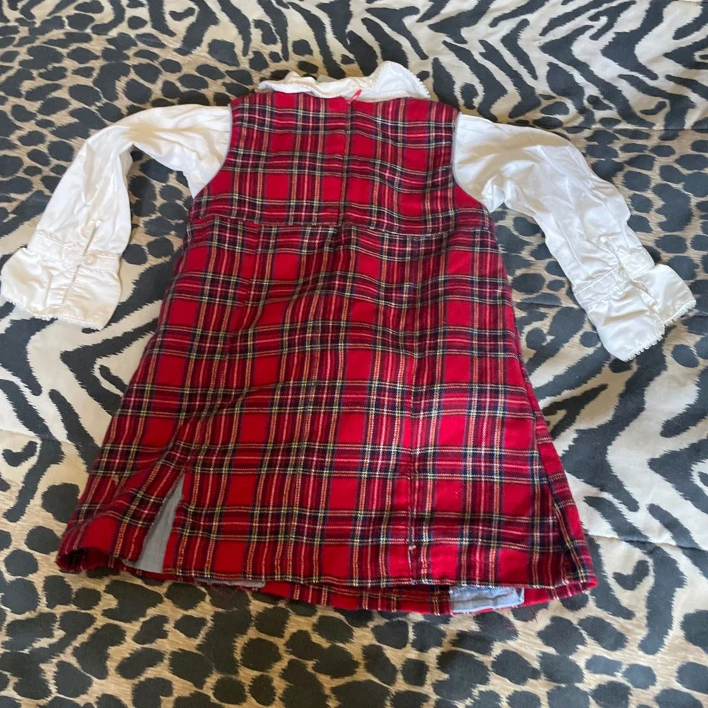 Vintage IZOD Girl's Red Plaid Jumper‎ Dress Set with White Long Sleeve Top - 24M